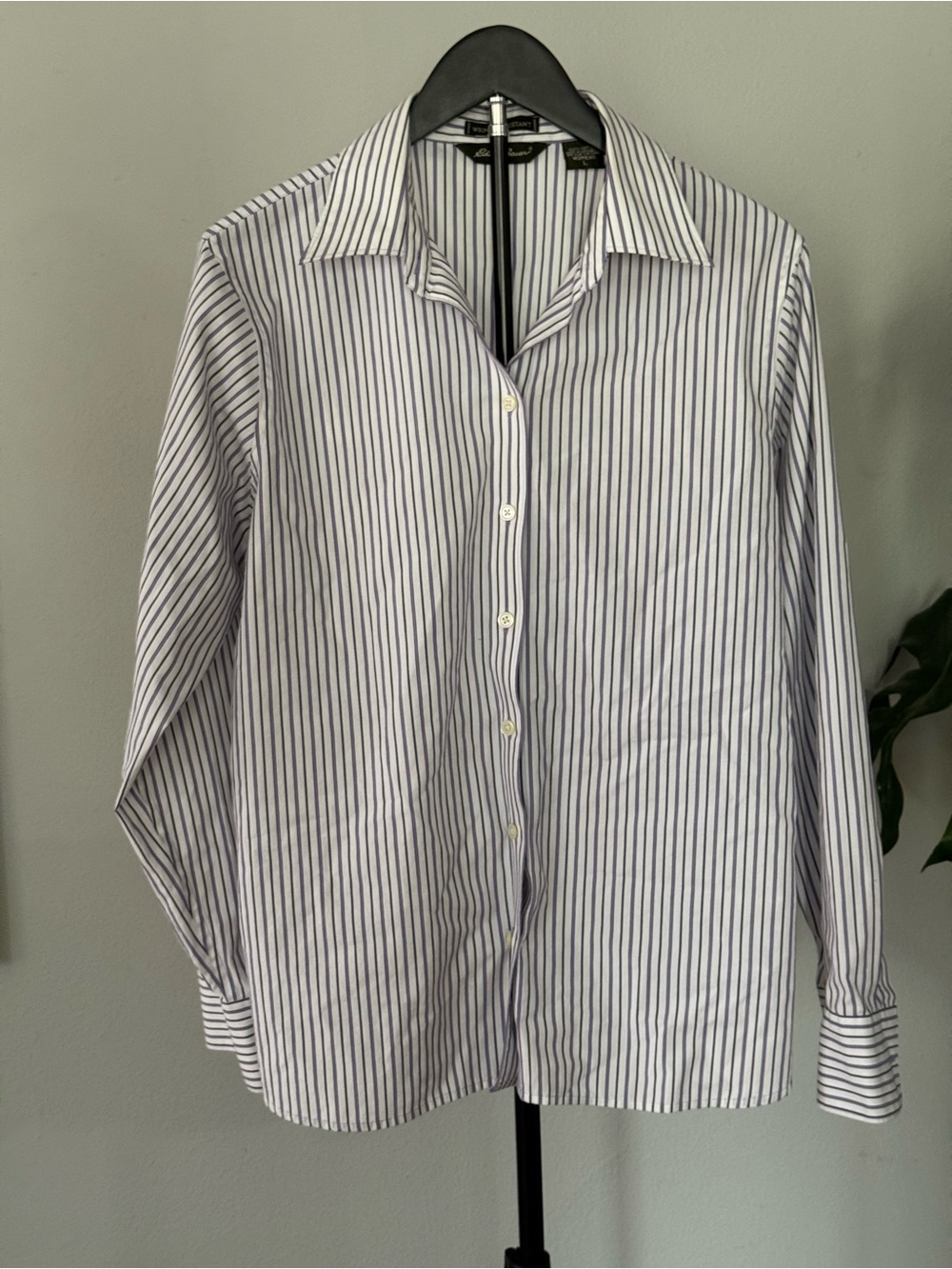 Eddie Bauer White Shirt with Navy Vertical Stripes